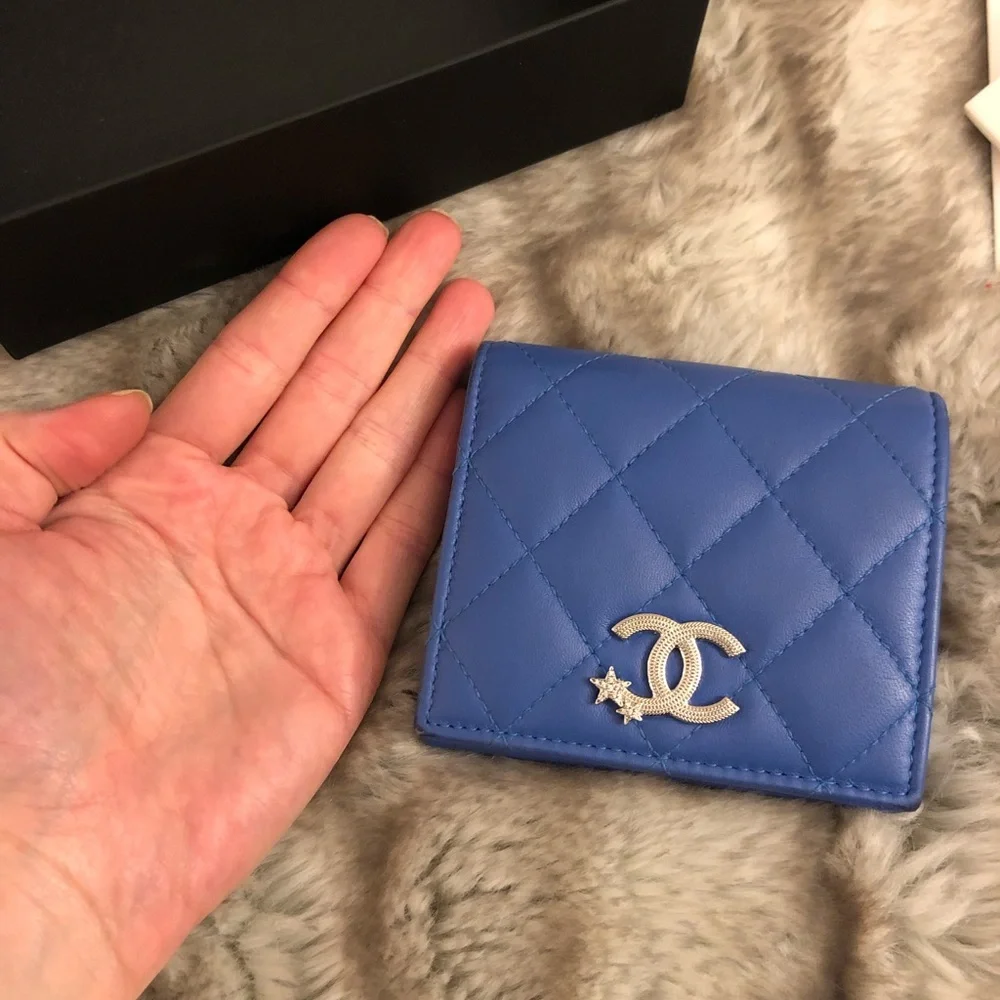 Chanel lambskin leather blue bifold wallet